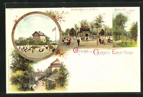 Lithographie Itzehoe, Bahnhofs-Hotel  Edendorf, Cafe-Garten Eden