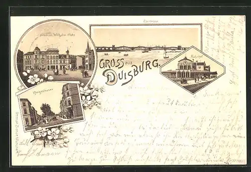 Lithographie Duisburg, Bahnhof, Friedrich Wilhelm Platz, Königstrasse