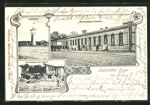 AK Lockstedter Lager, Kommandantur Kantine auf dem Truppenübungsplatz, Wasserturm, Zerschossenes Haus in Ridders