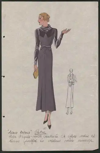 Modeentwurf Art Deco 1934, Dame im langen Pupur-Kleid, Lithographie Atelier Bachwitz, Wien