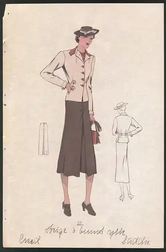 Modeentwurf Art Deco 1937, Model im Zweiteiler, Beige Bluse & Brauner Rock, Lithographie Atelier Bachwitz, Wien