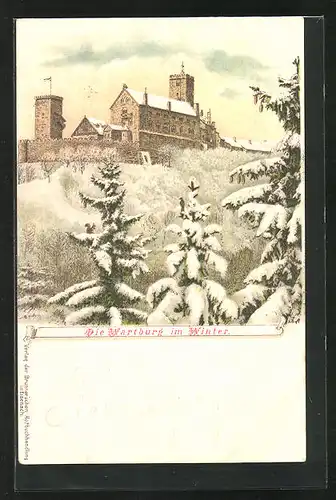 Winter-Lithographie Eisenach, Die Wartburg im Schnee