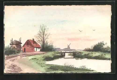 Künstler-AK Handgemalt: Landschaft mit Haus und Brücke, Im Hintergrund Windmühle