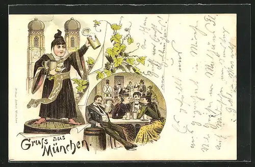 Vorläufer-Lithographie München, 1895, Münchner Kindl gegen Frauenkirche