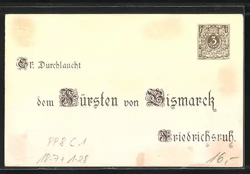 Künstler-AK Ganzsache PP8C1: Glückwünsche zum 80. Geburtstag von Fürst Bismarck 1895
