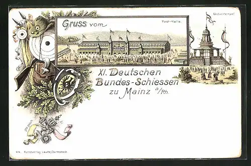 Lithographie Mainz a. Rh., Festhalle, Gabentempel, XI. Dt. Bundesschiessen, Schützenverein