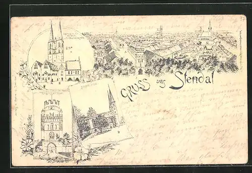 Lithographie Stendal, Panorama, Domkirche und Rathaus