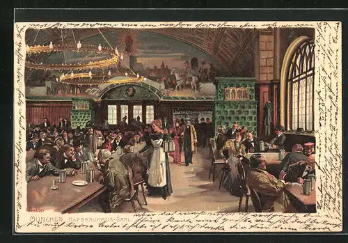 Künstler-Lithographie Paul Hey: München, Gäste im Saal des Hofbräuhauses