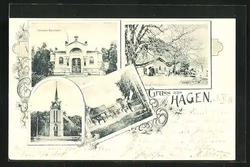 AK Hagen, Hünckens Mausoleum, Friedenslinde, Kirche, Ortspartie