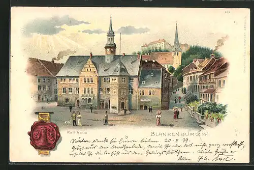 Lithographie Blankenburg i. H., Rathaus im Sonnenschein