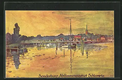 Künstler-AK Sonderburg, Ortspartie bei Abendstimmung