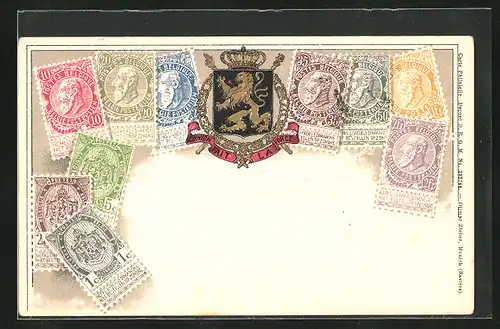 Präge-Lithographie Wappen mit goldenem Löwen und Krone, Briefmarken von Belgien