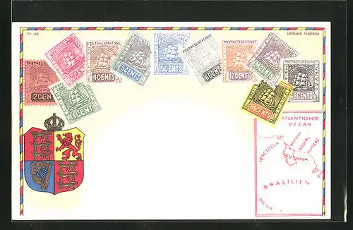 Lithographie Briefmarken von Britisch Guyana, Landkarte, Wappen mit Krone, Löwe und Harfe