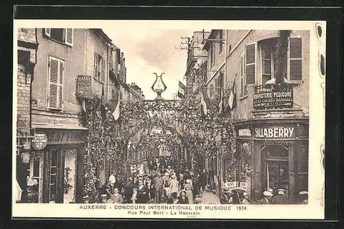 AK Auxerre, Concours International de Musique 1934, Rue Paul Bert, La Roseraie, Sängerfest