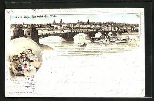 Vorläufer-Lithographie Mainz, XI. Deutsches Bundesschiessen, 1894, Stadtpanorama mit Brücke und Dampfer