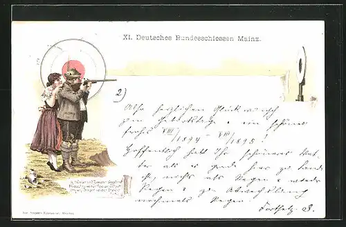 Vorläufer-Lithographie Mainz, XI. Deutsches Bundesschiessen, 1894, Schütze nimmt die Zielscheibe ins Visier