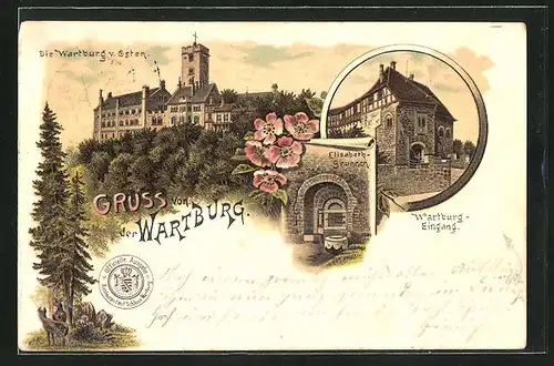 Lithographie Eisenach, die Wartburg von Osten, Elisabeth-Brunnen, Wartburg-Eingang