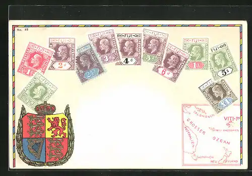 Künstler-AK Fiji-Inseln, Briefmarken und Wappen, Landkarte mit Salomonen, Australien und Tasmanien