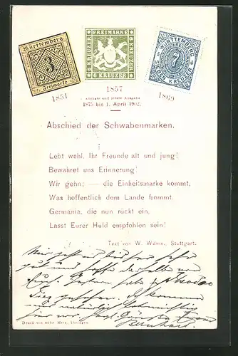 Künstler-AK Württemberg, Abschied der Schwabenmarke, Briefmarken 1851-1857-1869, Postgeschichte