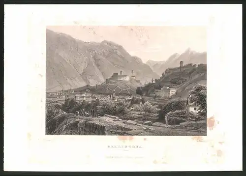 Stahlstich Bellinzona /Tessin, Ortspartie mit Burganlagen, Stahlstich von Tho. Heawood