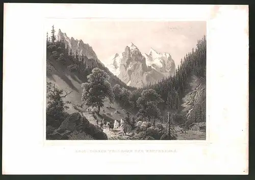 Stahlstich Engelhörner, Wellhorn und Wetterhorn /Bern, Menschen auf Wanderschaft, Stahlstich von J. Umbach