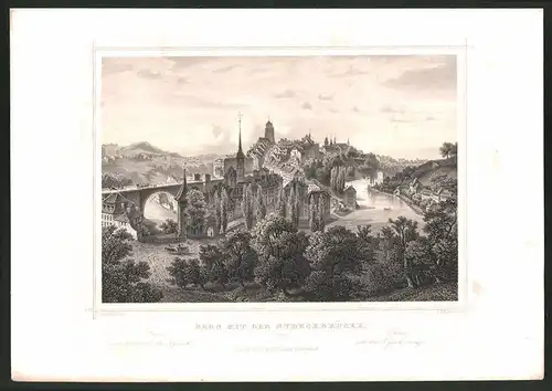 Stahlstich Bern, Ortsansicht mit der Nydeckbrücke, Stahlstich von J. M. Kolb