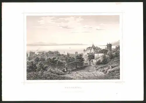 Stahlstich Neuchatel, Weg in die Stadt, Stahlstich von J. M. Kolb