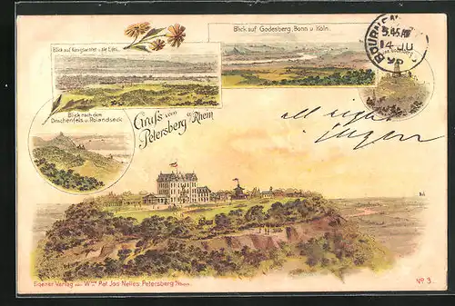 Lithographie Petersberg a /Rhein, Hotel, Blick nach dem Drachenfels u. Rolandseck, Blick auf Königswinter u. die Eifel