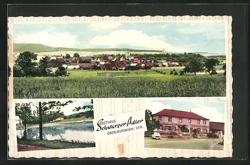 AK Oberlauringen / Ufr., Gasthaus Schwarzer Adler, Teich- und Gesamtansicht