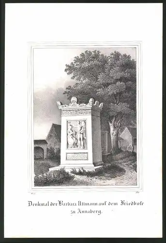 Lithographie Annaberg, Denkmal der Barbara Uttmann, Lithographie um 1835 aus Saxonia