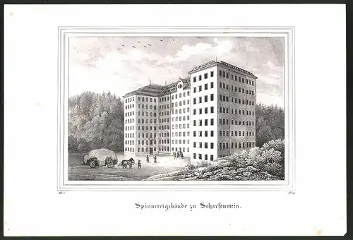 Lithographie Scharfenstein, Spinnereigebäude mit Pferdekarre, Lithographie um 1835 aus Saxonia