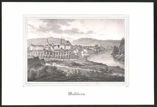 Lithographie Waldheim, Ortsansicht mit Brücke, Lithographie um 1835 aus Saxonia