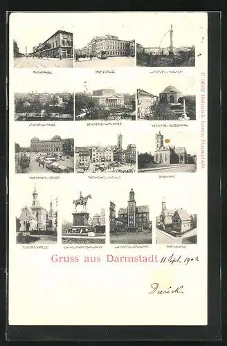 AK Darmstadt, Rheinstrasse, Post & Strassenbahn, Stadtkirche, Hoftheater