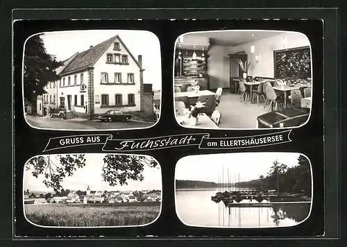 AK Fuchsstadt, Gasthaus Ellertshäuser-See, Ortspanorama und See-Idylle