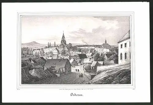 Lithographie Oederan, Totalansicht mit Kirchen, Lithographie um 1835 aus Saxonia
