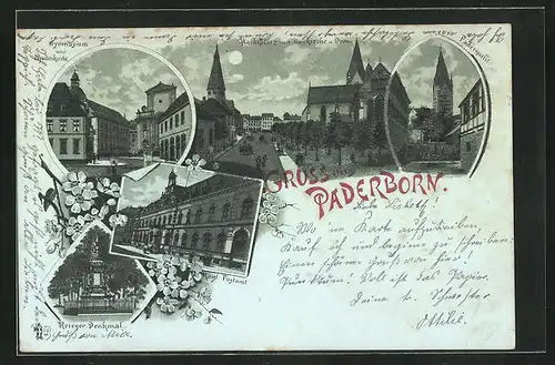 Mondschein-Lithographie Paderborn, Gymnasium mit Jesuitenkirche, Paderquelle, Krieger-Denkmal