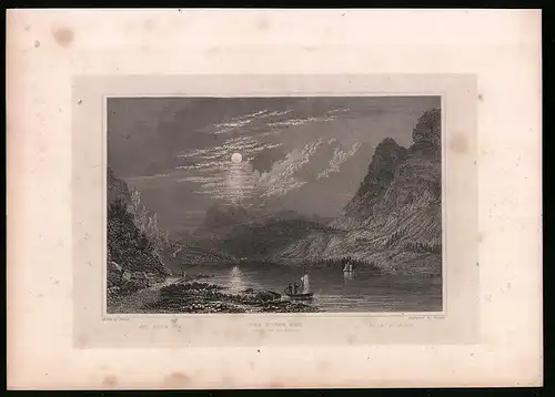 Stahlstich Kloen See, Blick zum Glaernich bei Vollmond, Stahlstich um 1835 Henry Winkles