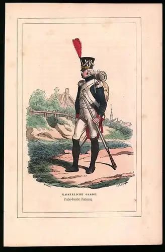 Holzstich Kaiserliche Garde, Füselier-Grenadier im Paradeanzug, altkolorierter Holzstich von Bellange um 1843, 16 x 24cm