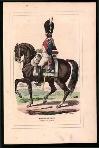 Holzstich Kaiserliche Garde, Gendarme von der Elite, altkolorierter Holzstich von Bellange um 1843, 16 x 24cm