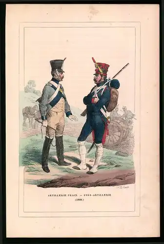 Holzstich Artillerie-Train und Fuss-Artillerie in Uniform 1809, altkolorierter Holzstich von Bellange um 1843, 16 x 24cm