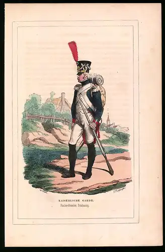 Holzstich Kaiserliche Garde, Füselier-Grenadier im Paradeanzug, altkolorierter Holzstich von Bellange um 1843, 16 x 24cm