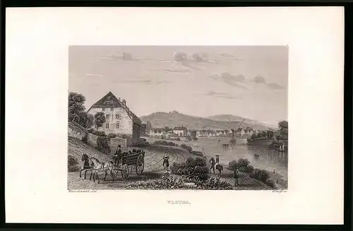 Stahlstich Vlotho, Ortsansicht mit Seepartie, Stahlstich um 1840, 23 x 15cm