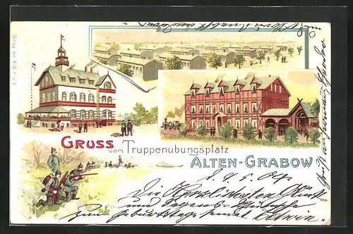 Lithographie Alten-Grabow, Truppenübungsplatz, Offizierscasino, Baracken