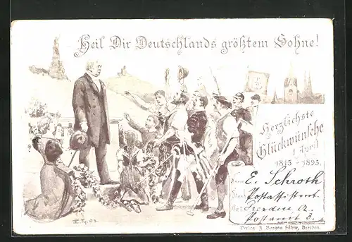 Vorläufer-Lithographie Heil Dir Deutschlands grösstem Sohne, Glückwünsche für Bismarck 1895