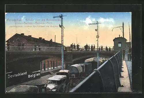 AK Herbesthal, Brücke über die Bahnstrecke Köln-Paris, Landesgrenze Deutschland und Belgien bei Dämmerung