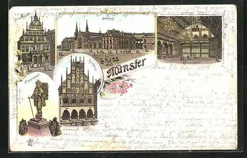Lithographie Münster i. W., Kiepenkähl, Rathaus, Bahnhof, alte Wache