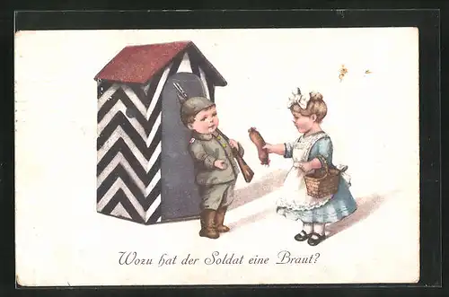 Lithographie Kinder Kriegspropaganda, Soldatenbraut bringt ihrem Liebsten eine Wurst