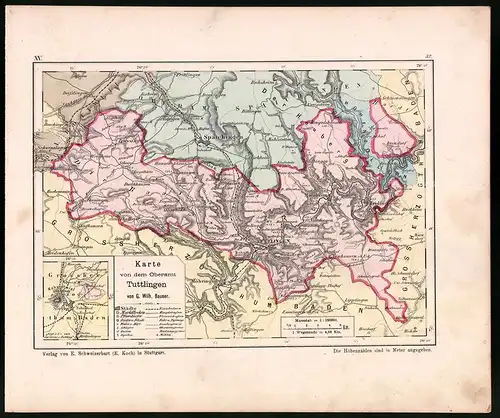 Lithographie Karte von dem Oberamt Tuttlingen, Farblithographie von Bauser 1885, 24 x 28cm