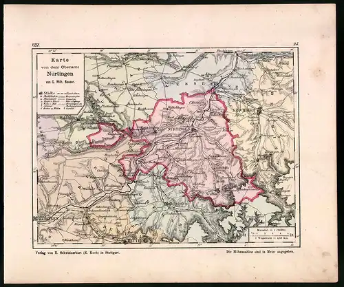 Lithographie Karte von dem Oberamt Nürtingen, Farblithographie von Bauser 1885, 24 x 28cm