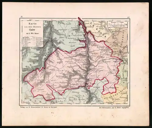 Lithographie Karte von dem Oberamt Calw, Farblithographie von Bauser 1885, 24 x 28cm